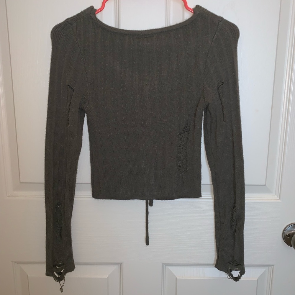 Olive Green Distressed Sweater Ribbed Rue21 - Picture 3 of 4